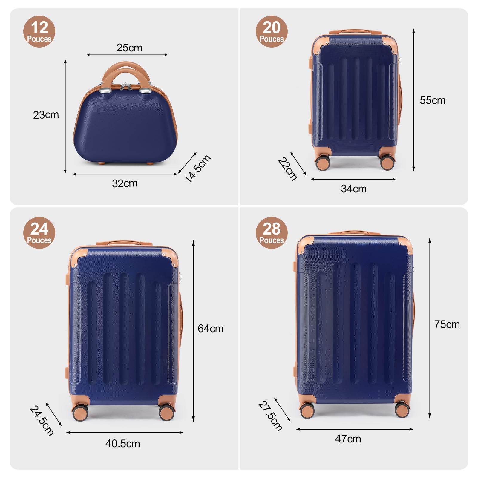 LEADZM Set di Valigie Rigide 4 Pezzi con Beauty Case (Blu Navy-Marrone) | Set Valigie con Rinforzi Angolari, Luggage Suitcase Grande 23 kg in ABS