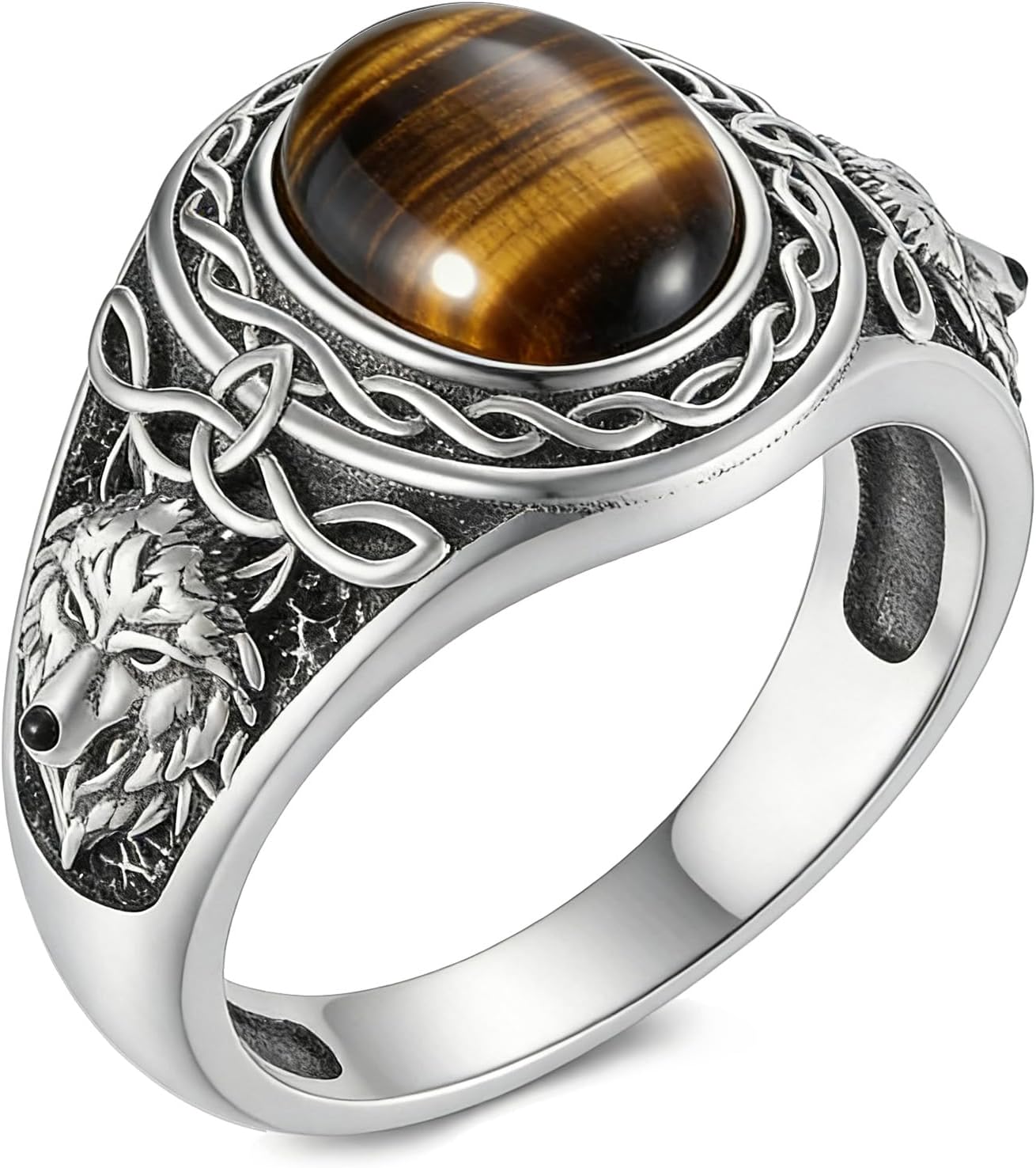 Men's 925 Sterling Silver Viking Wolf Head Ring, Nordic Style Celtic Knot Statement Band, Norse Jewelry for Men Sizes 6-15