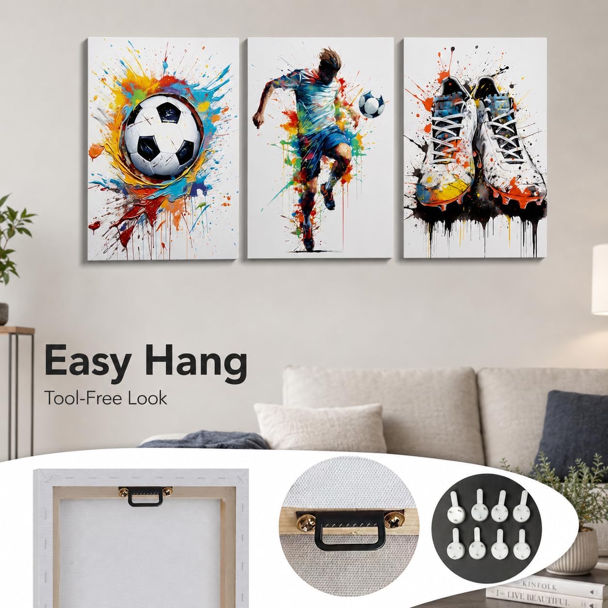 Colorful Soccer Canvas Wall Art - 3 Piece Framed Soccer Ball Player Cleats Poster Artwork for Boys Bedroom, Sports Themed Wall Decor, 12x16 Inch image 5