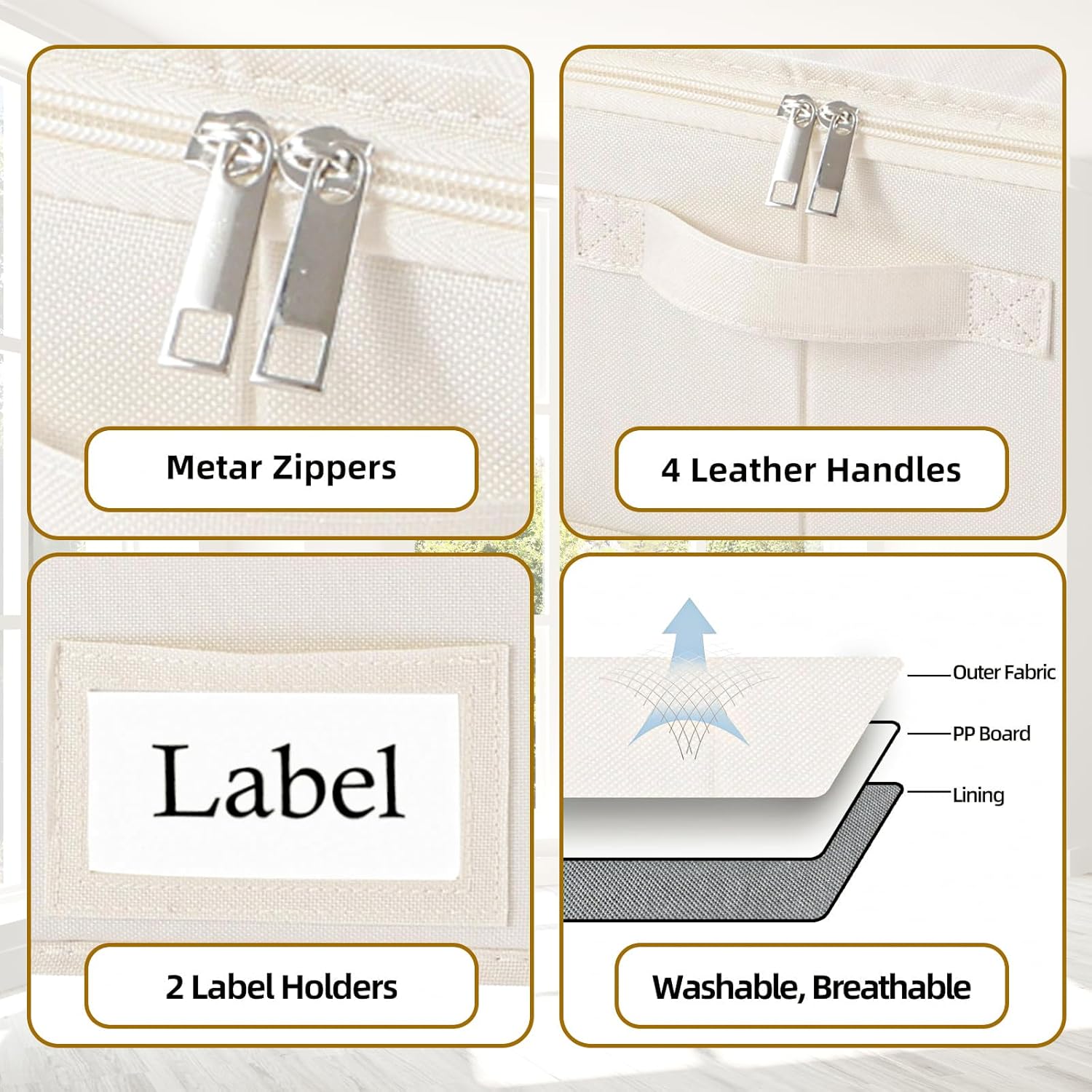 Yawinhe Underbed Bags, Storage Containers Bags with Lid, Foldable Blanket Bins, with Sturdy Zipper und Label Holders, for Clothing, 23.6''Lx11.8''Wx6''H, 4 Pack, Beige