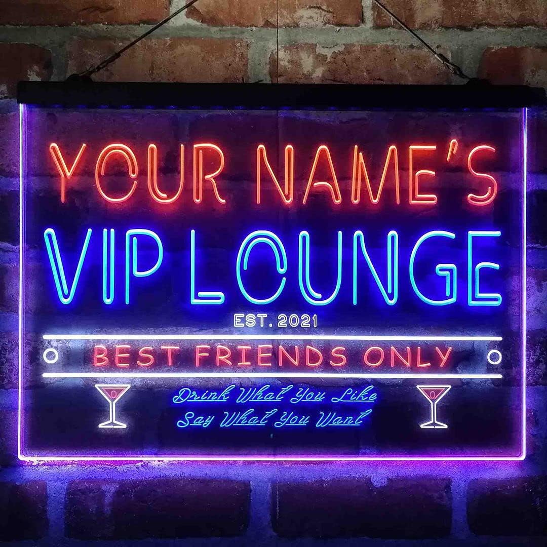 Personalized VIP Lounge Bar Tri-Color LED Neon Light Sign Customize Name Date Text Quote Font White & Blue & Orange 17.7 x 13.6 Inches st9s43-qi1-tm-wbo