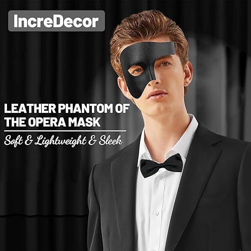 Miniatura 4 de IncreDecor Máscara de máscaras para hombre, fantasma de la ópera, máscara de media cara con corbatín, fiesta de Halloween, Mardi Gras
