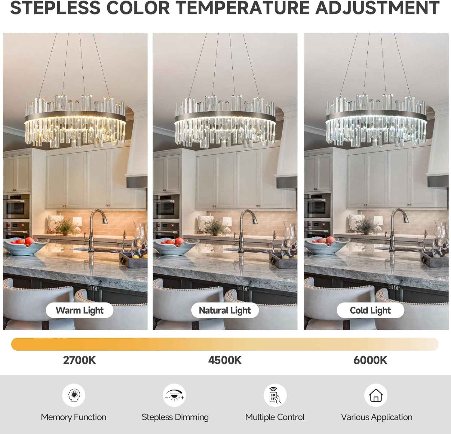 Nickel Led Modern Crystal Chandelier: 23.6" Round K9 Luxury Smoke Grey & Clear Crystal 3 Color Dimmable Contemporary Chandeliers for Dining Room Light over Table - Adjustable Height Light with Remote