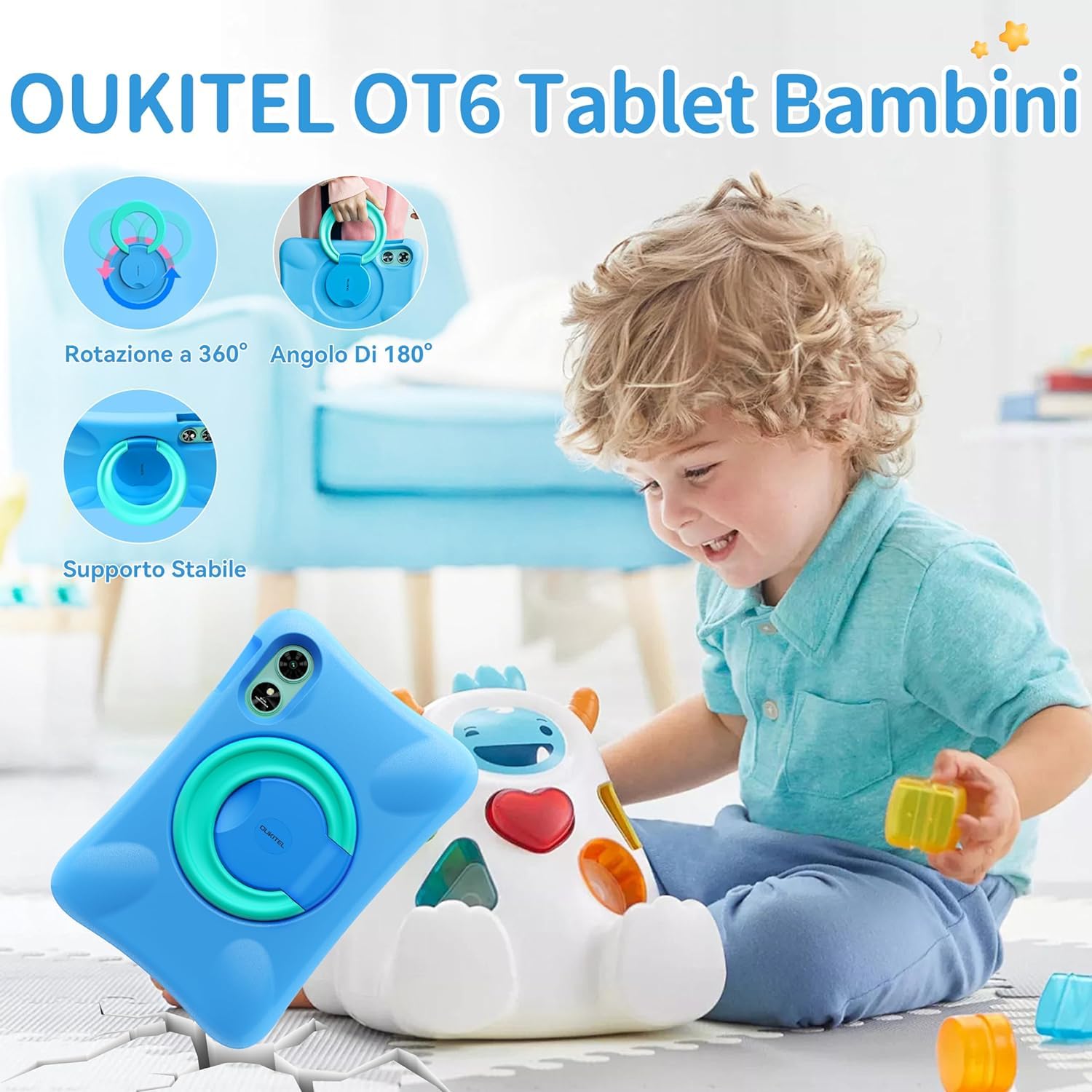 OT6 Tablet per Bambini - 16GB RAM+64GB ROM- Android 13 WIFI Tablet - 10" HD 8000mAh con Controllo Parentale,BT5.0 Tablet Bambino Giochi Educativi, Tablet PC con Custodia in EVA Nero