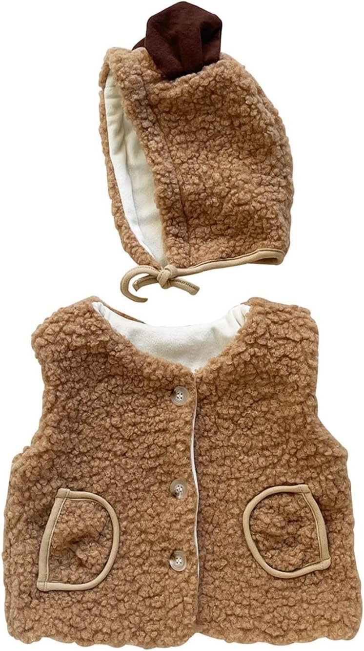 Newborn Baby Boys Girls Fleece Vest Coat with Hat Set Toddler Fuzzy Sherpa Sleeveless Winter Coat Jacket Outwear