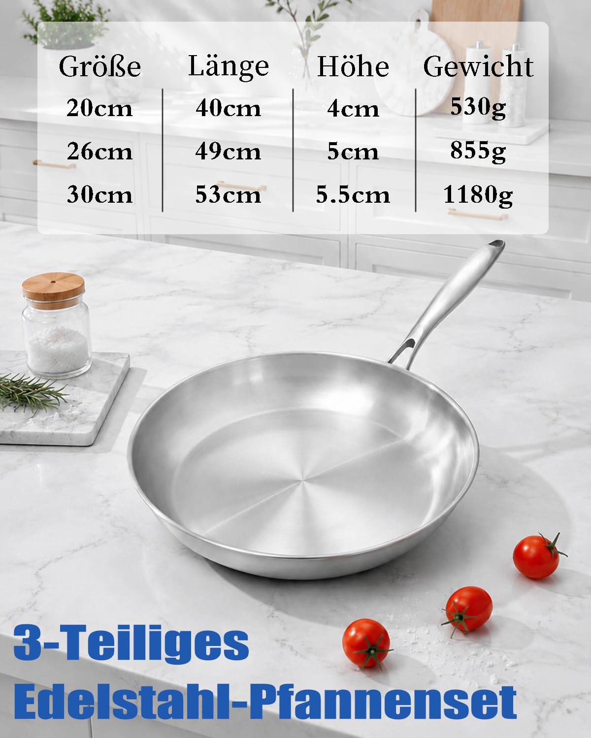 Edelstahlpfannen Set 3-teilig, Pfannen Induktion Ø 20+26+30 cm