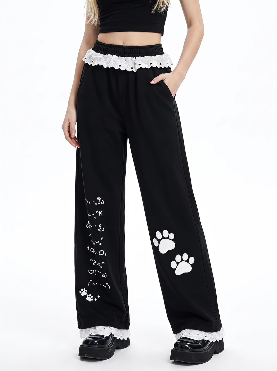 Women Kawaii Cat Paw Wide Leg Sweatpants Lace Trim Coquette Y2K Loungewear image 2