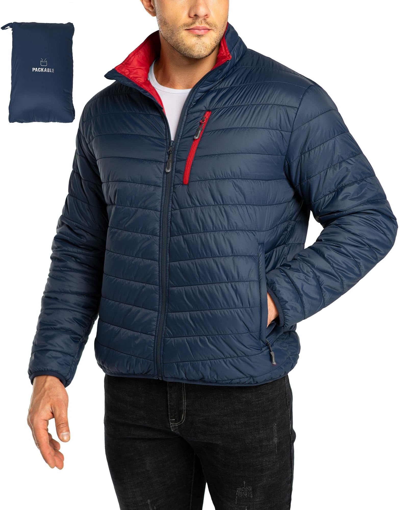 Mens Winter Lightweight Jacket Warm Short Packable Puffer Jacket Transitional Padded Jacket Quilted Jacket for Men Lined for Hiking Travelling