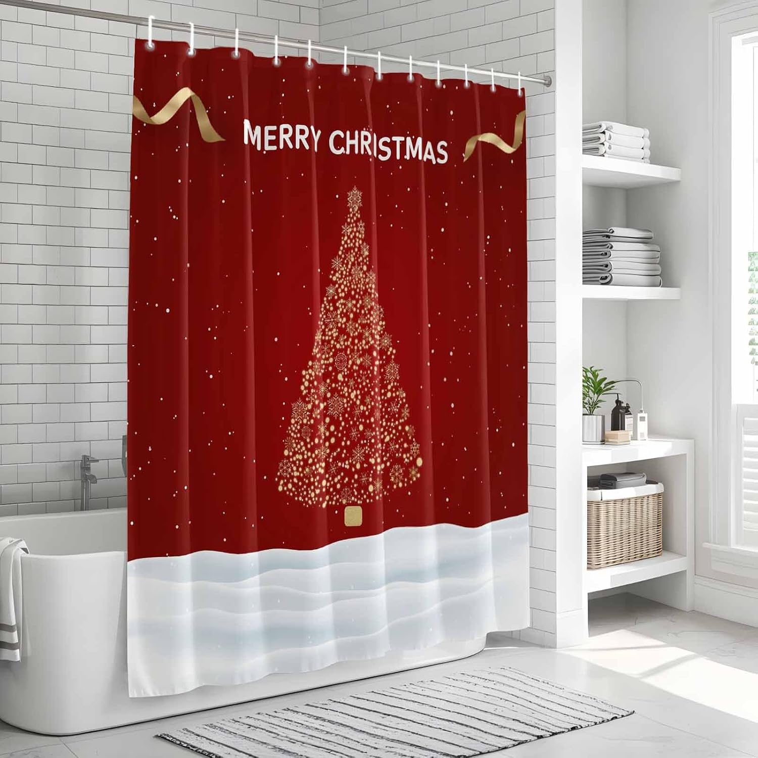 Merry Christmas Waterproof Shower Curtains Set - Standard Shower Curtain 66 x 72 Inch, Xmas Pine Trees Snow Snowflakes Red Fabric Bathroom Curtain with 12 Hooks, Bathroom Accessories