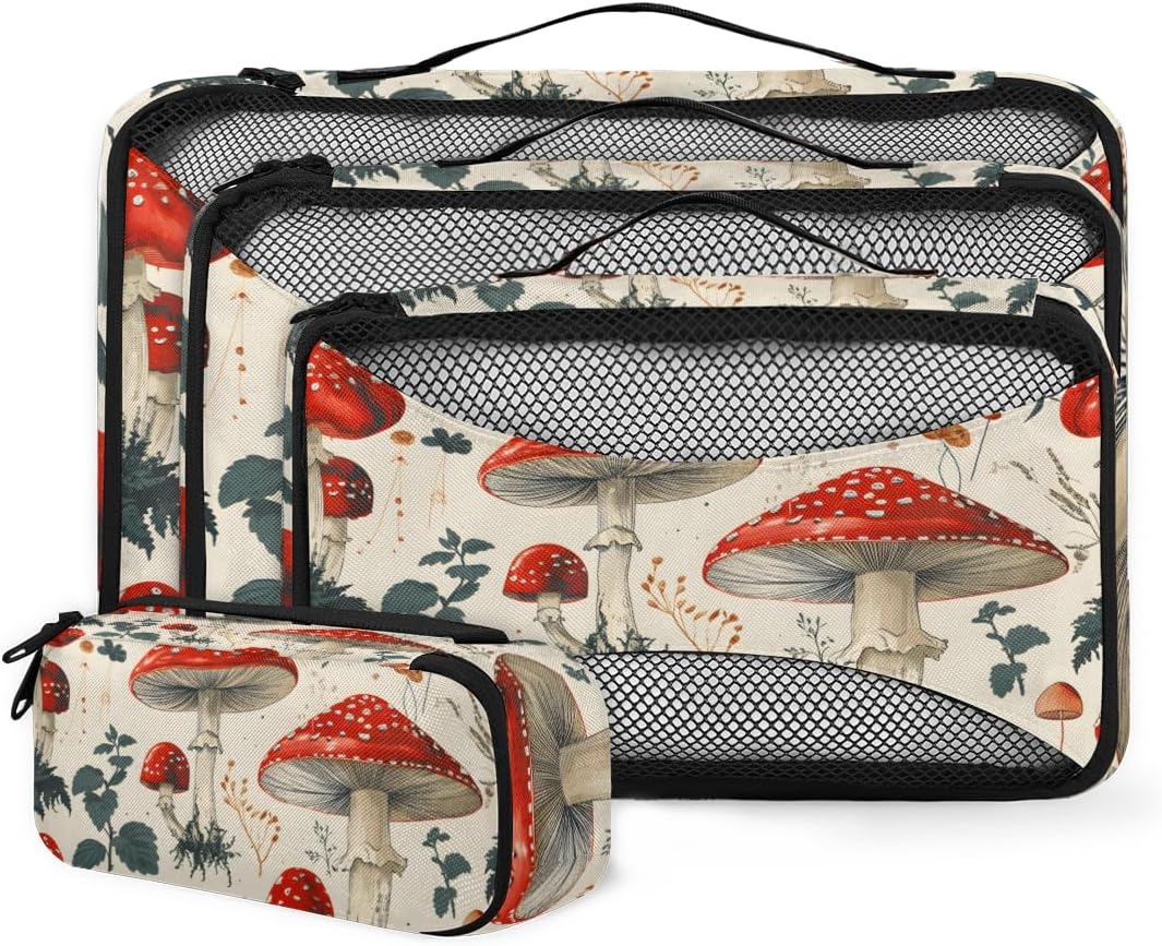 Red Mushroom Plants 4 Set Packing Cubes Packing Cubes for Women Lightweight Travel Essential Bag Clothes Carry on Suitcase Bags for Accessories Essentials
