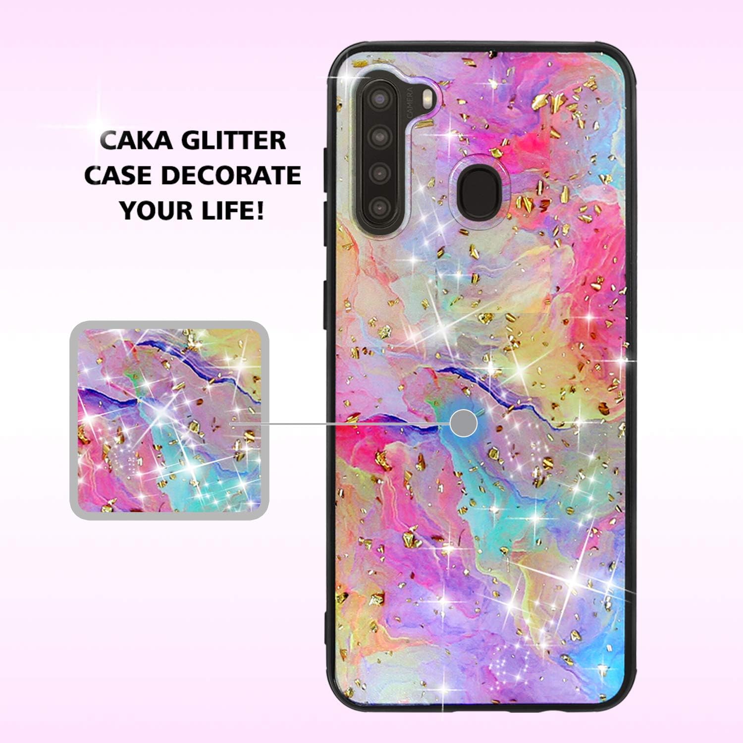 TJS Compatible with Samsung Galaxy A21 Case, with [Full Coverage Tempered Glass Screen Protector] Shiny Flake Glitter Back Skin Full Body Soft TPU Rubber Bumper Drop Protector Back Cover (Rainbow)