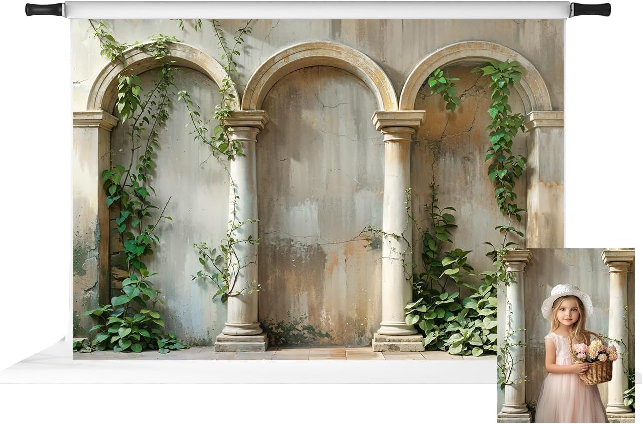 Kate 7x5ft/2.2x1.5m Spring Green Plant Shabby Vintage Beige Arch Wall Computer Printed Fabric Background Photo Studio Props