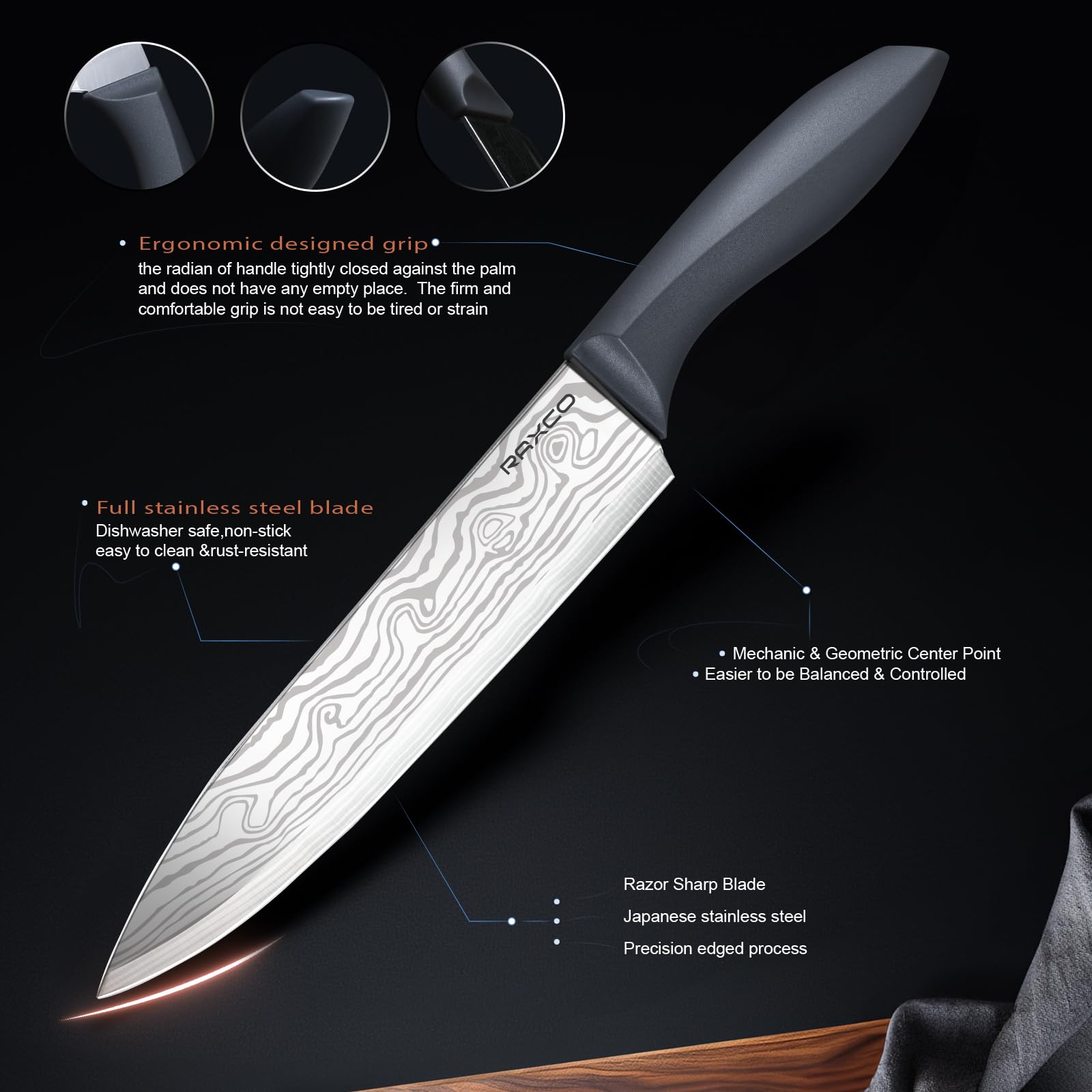 RAXCO Set di coltelli da cucina con blocco, 18 pezzi di utensili da cucina con 5 coltelli e 7 spatole in silicone (Grigio)