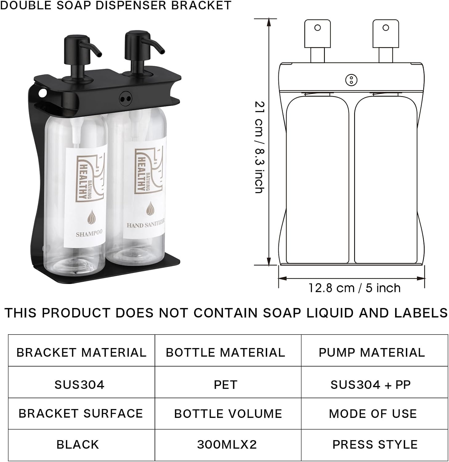 Black Shampoo, Conditioner, Shower Gel Dispenser 2 Room Wall-Mounted KCHS-2 | AIREMOEN Refillable, push-button bottle, slot design, soap dispenser, with a special screw cap