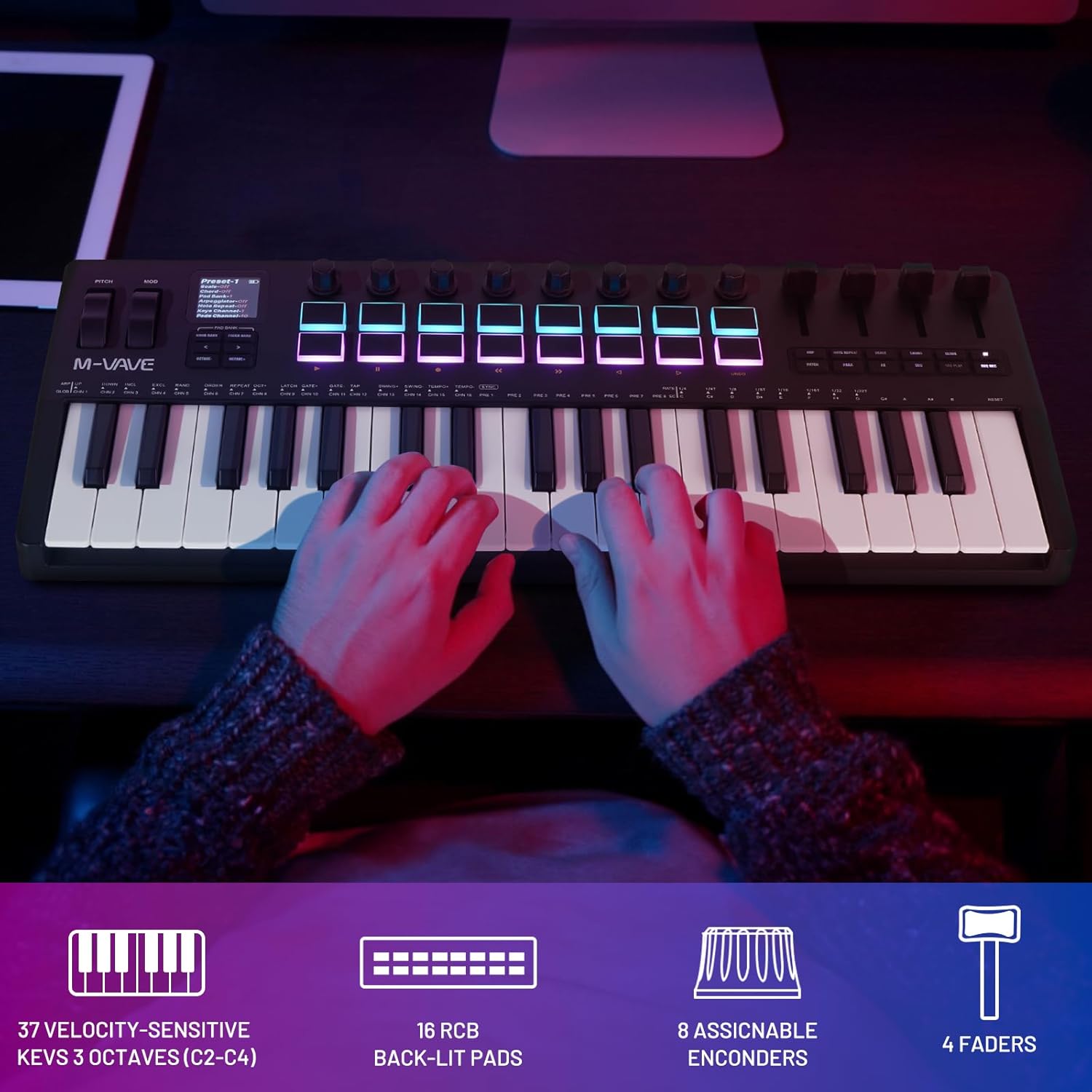 Close-up of M-VAVE MIDI controller pads and knobs