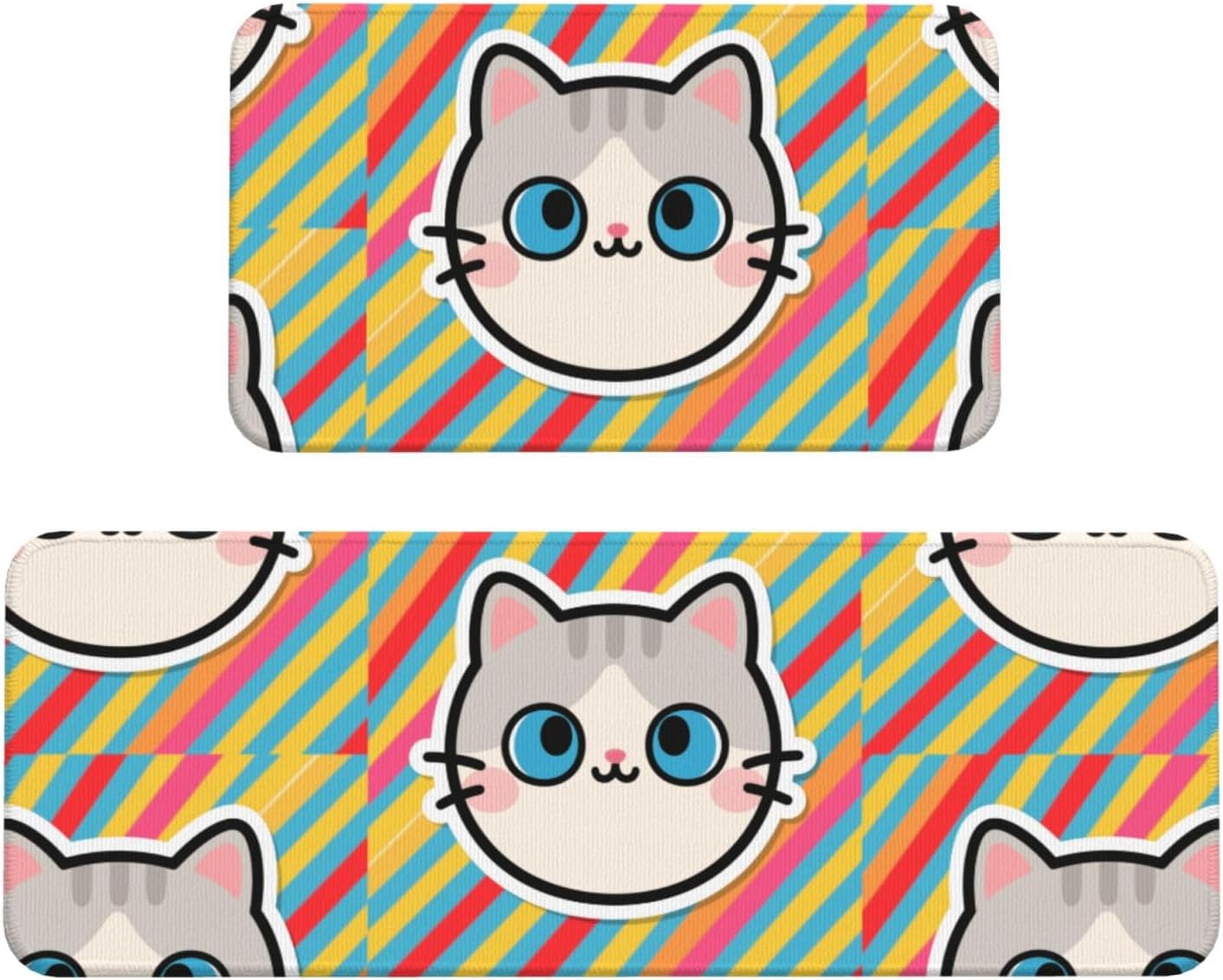 Sticker Cat Kitchen Rugs Set of 2, Cushioned Anti-Fatigue Kitchen Mats for Floor, Waterproof Comfort Standing Mat Absorbent Velvet Kitchen Runner Rugs 17"x30"+17"x47"