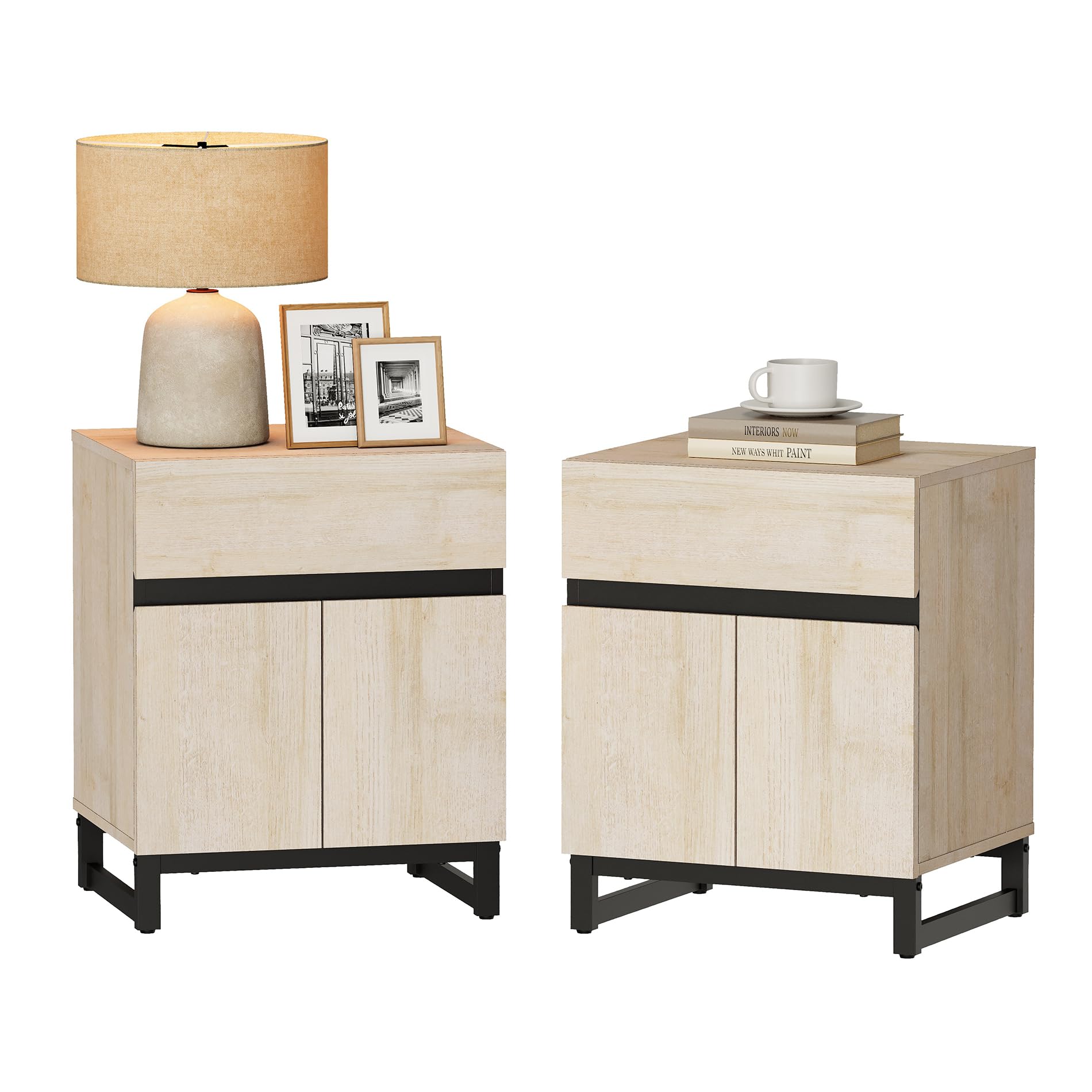 WAMPAT 2 Piece Modern End Table with 1 Drawer & 1 Storage Cabinet, Farmhouse Sofa Table, Wooden Rustic Side Sofa Table Metal Leg for Living Room,