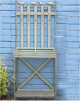 Garden Potting Bench Table Work Station for Outdoors with 5 Side Hooks All-Weather Retro Plant Stand Rack Metal Frame for Porch No Rust No Fade Green