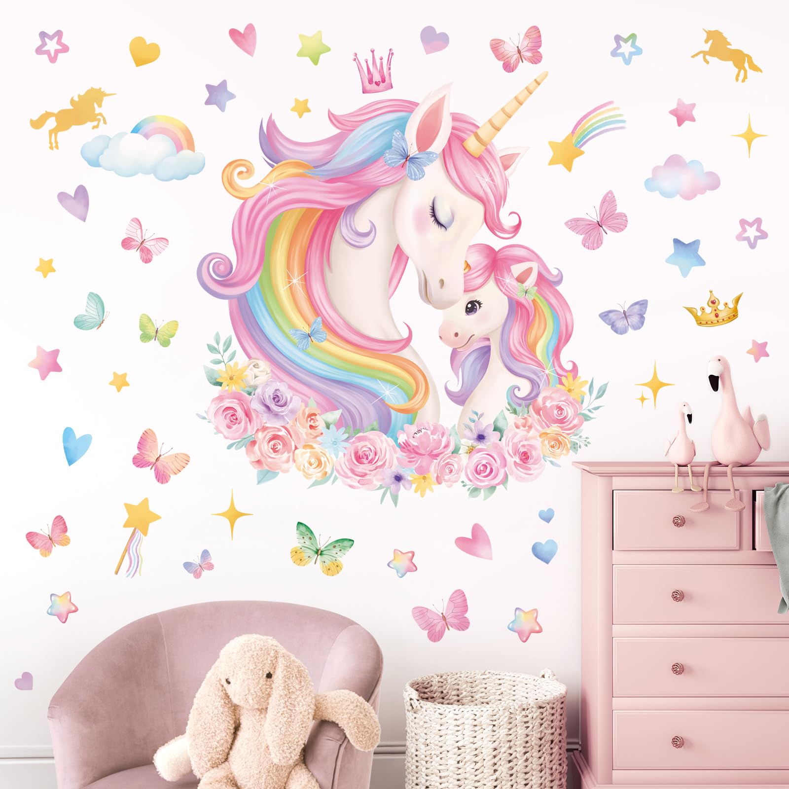 wondever Large Unicorn Wall Stickers Rainbow Baby Unicorn Butterfly Stars Peel and Stick Wall Art Decals for Baby Girls Nursery Kids Bedroom