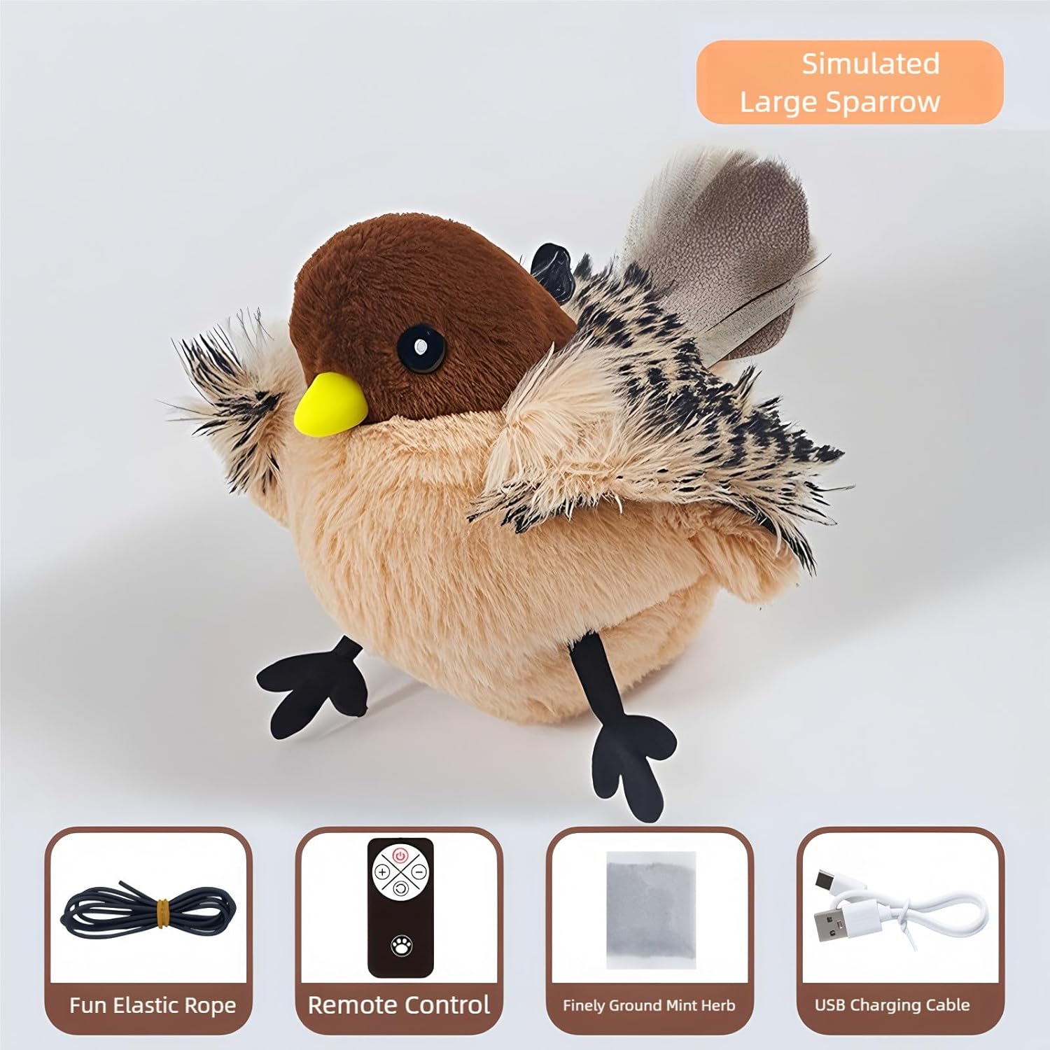 Chew Proof Flapping Bird Cat Toy | Vibration Sensor, Flapping Wings & Chirping Sounds | Bite Resistant | Rechargeable Kitten Toy (Simulated Sparrow)