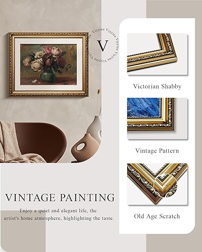 Miniatura 5 de VIYYIEA - Lienzo decorativo de pared con marco dorado, decoración del hogar, arte floral botánico clásico rústico de mediados de siglo, para