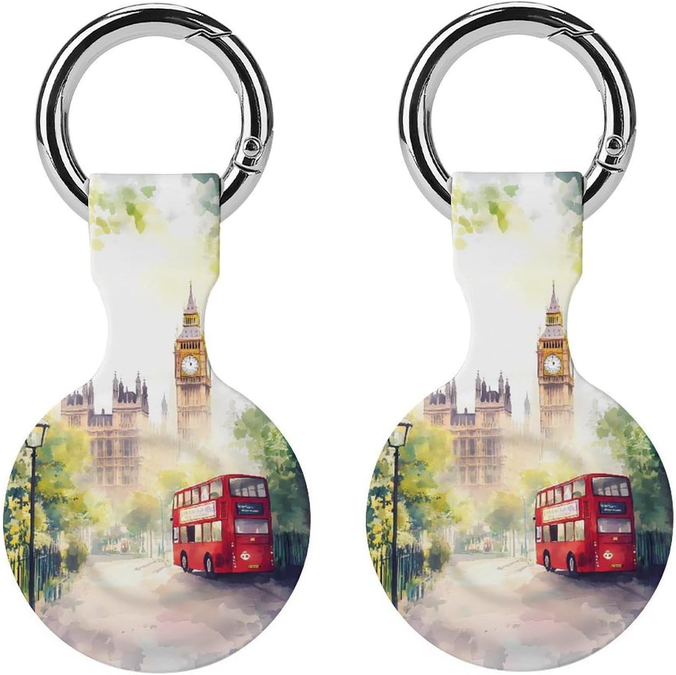 Watercolor London Street Big Ben Bus Funny Cover Compatible with AirTag Case Protector GPS Tracker Holder with Keychain