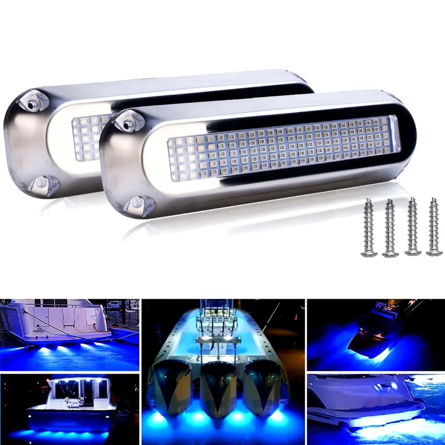 Greluma Lot de 2 lumières sous-marines LED pour bateaux marins (120 LED 180° bleu), DC 10V-30V IP68 étanches, montage en surface pour bateau de croisière, yacht, bateau à voile, ponton, feu arrière
