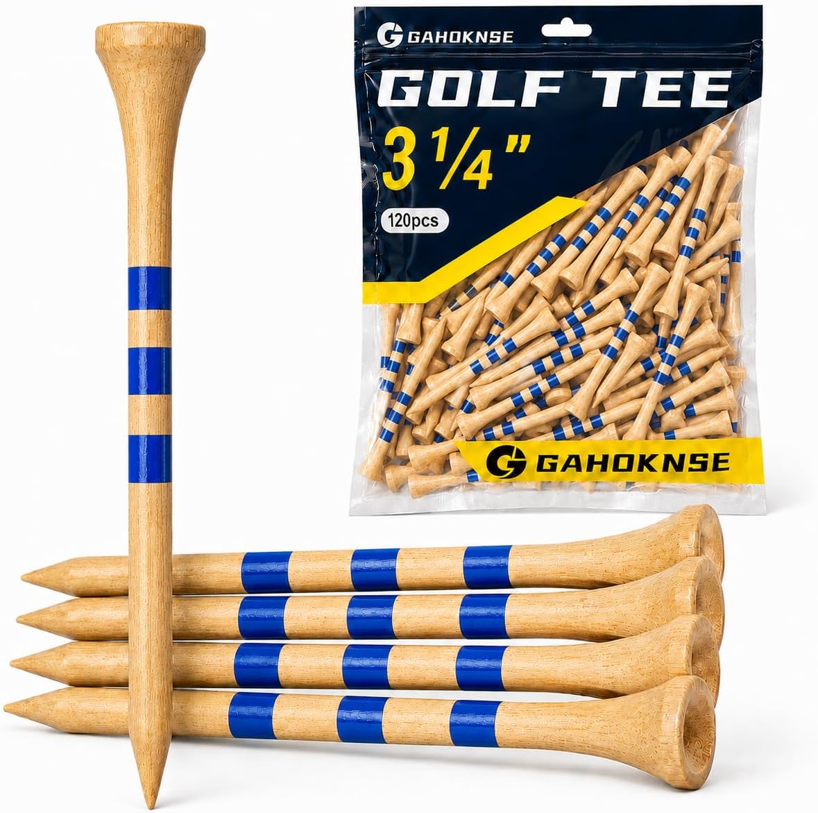 120Pcs Bamboo Golf Tees 3-1/4" — 3 Blue Alignment Rings Step-Up Tall Tees, Reduce Side Spin & Friction, Natural Wooden Golf Tees Stronger Than Plastic, Biodegradable Bulk Golf Tees
