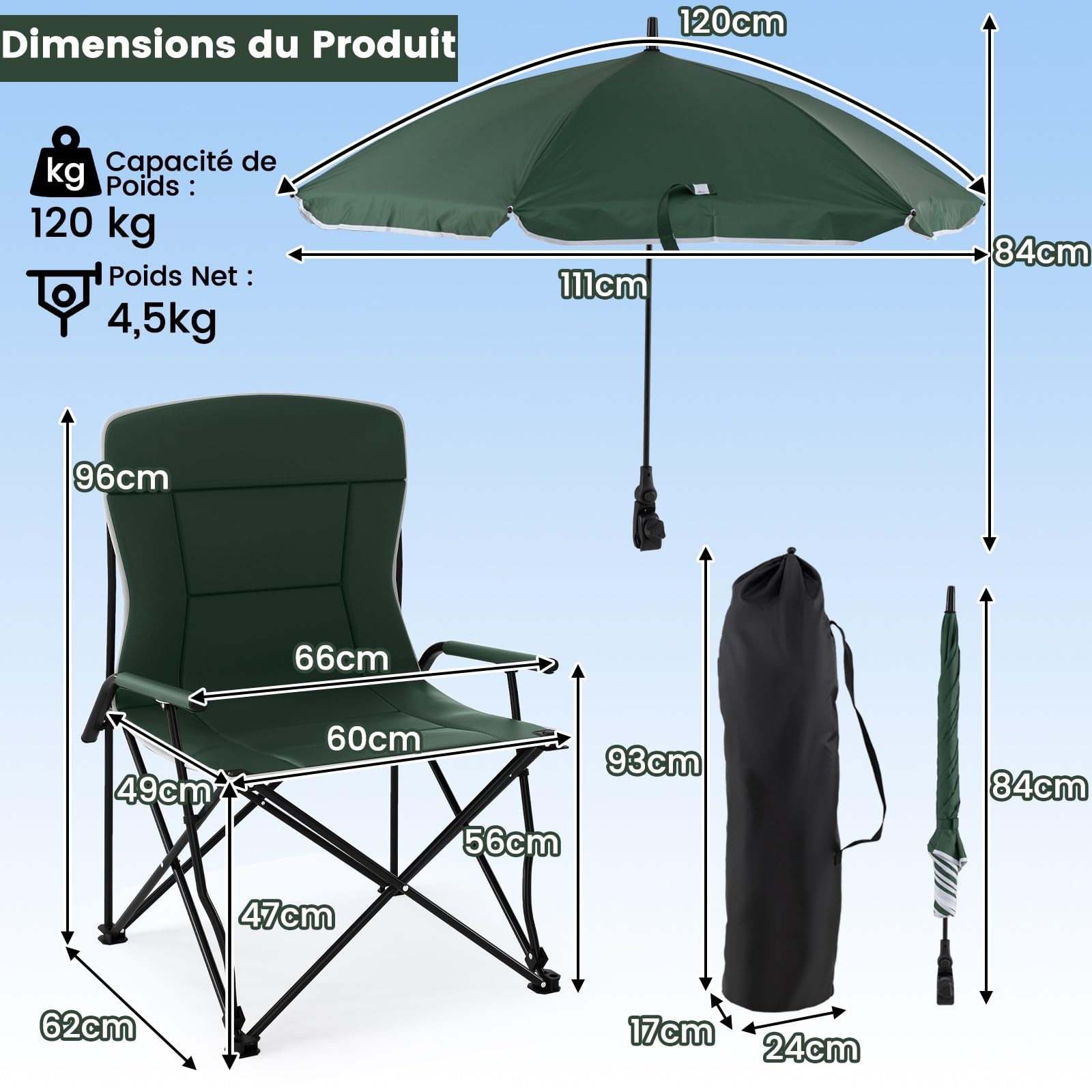 COSTWAY Chaise Pliante Camping avec Parasol Réglable, Chaise de Jardin Exterieur, 2 Sac de Transport, Siège et Dossier Rembourrés, Tissu Oxford 600D, Fauteuil pour Pêche Plage, Charge 150 kg