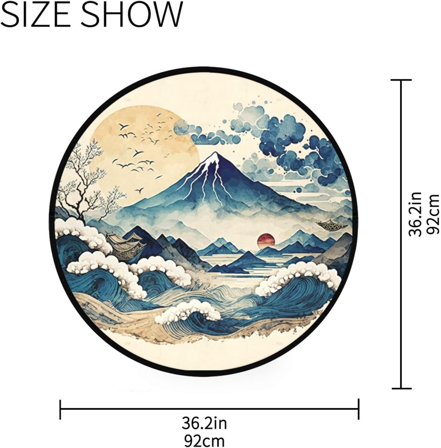 Vnurnrn Vintage Japanese Landscape Round Area Rug, Non Slip Indoor Throw Area Rug, Washable Circle Carpet Floor Mat for Living Room, Door Mat Entryway, Bedroom, Sofa, 3 Ft