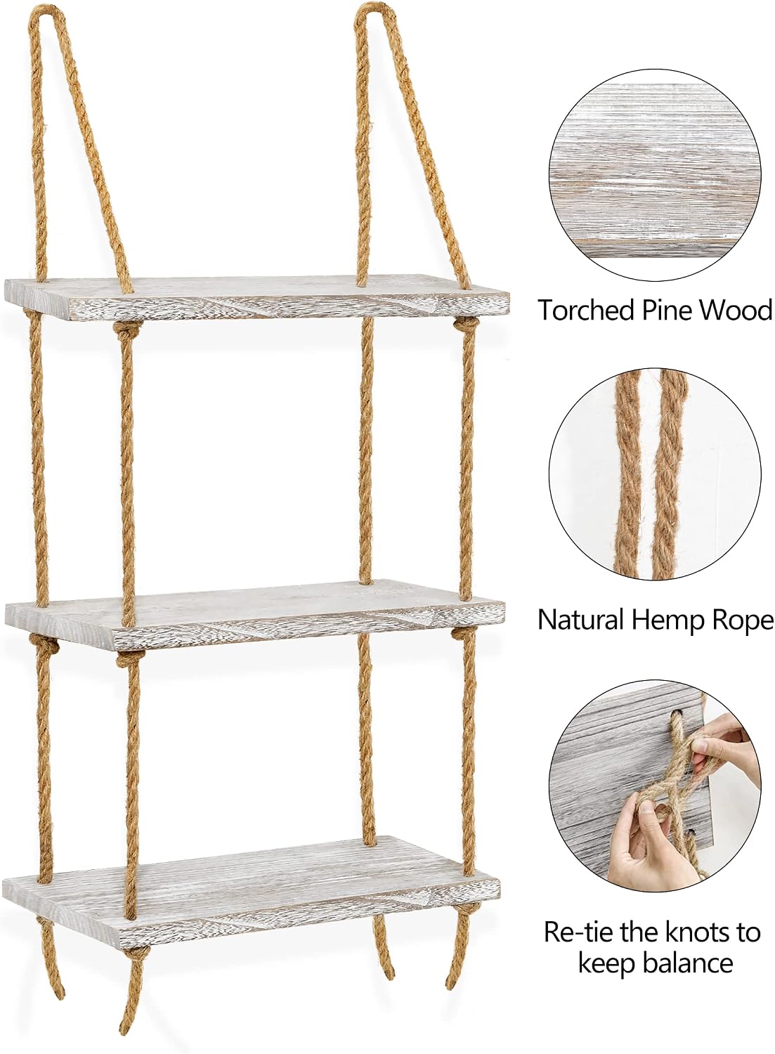 Oyydecor Wall Hanging Shelf, 3 Tier Distressed Wood Swing Storage Shelves Jute Rope Organizer Rack, Rustic Home Wall Decor (White)