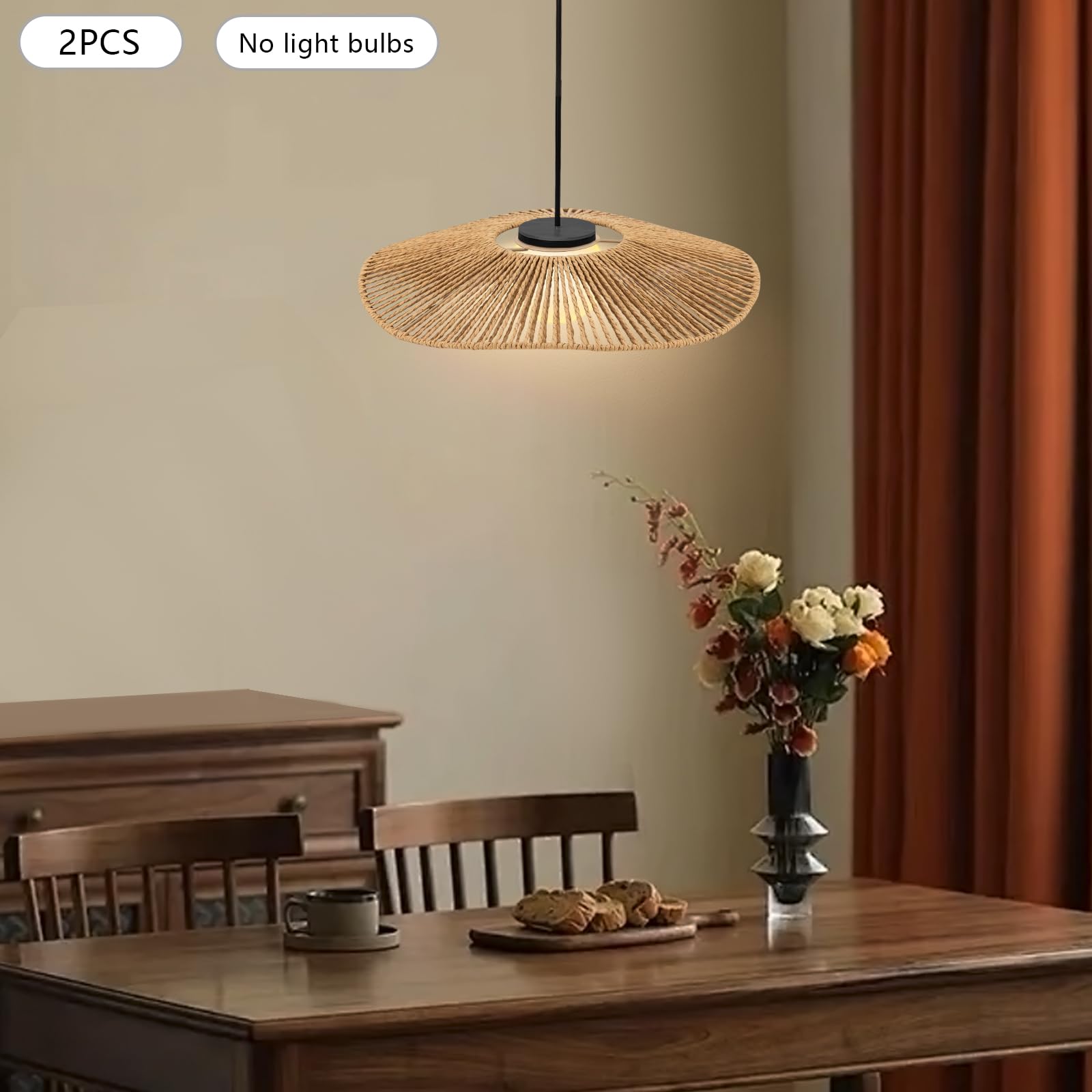 Abat-jour en rotin tressé, 2 pièces, abat-jour rond en rotin pour lustre, couvre-lampe pour salle à manger