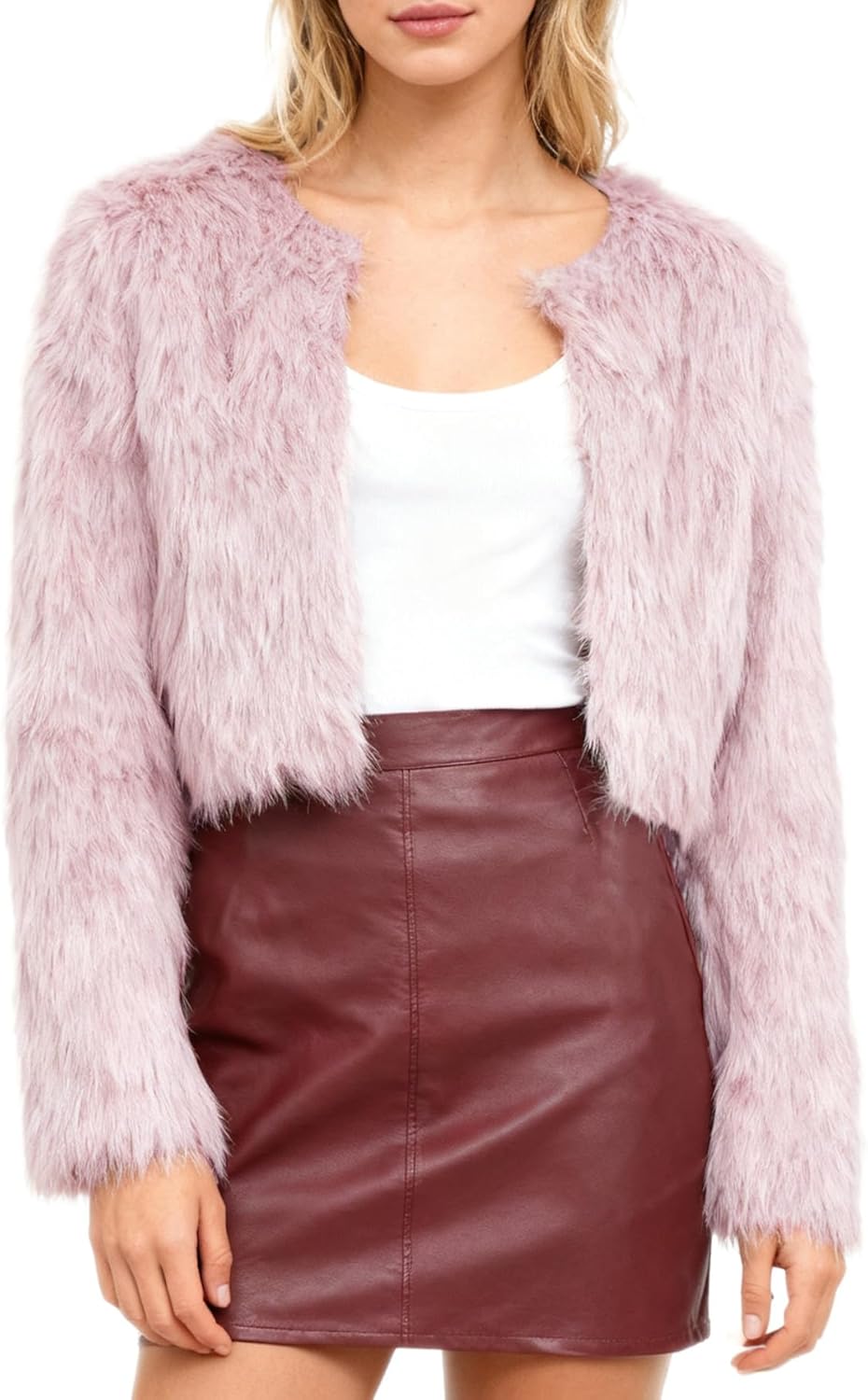 Amazhiyu Women's Faux Fur Cropped Coat Pockets Long Sleeve Open Front Winter Jacket