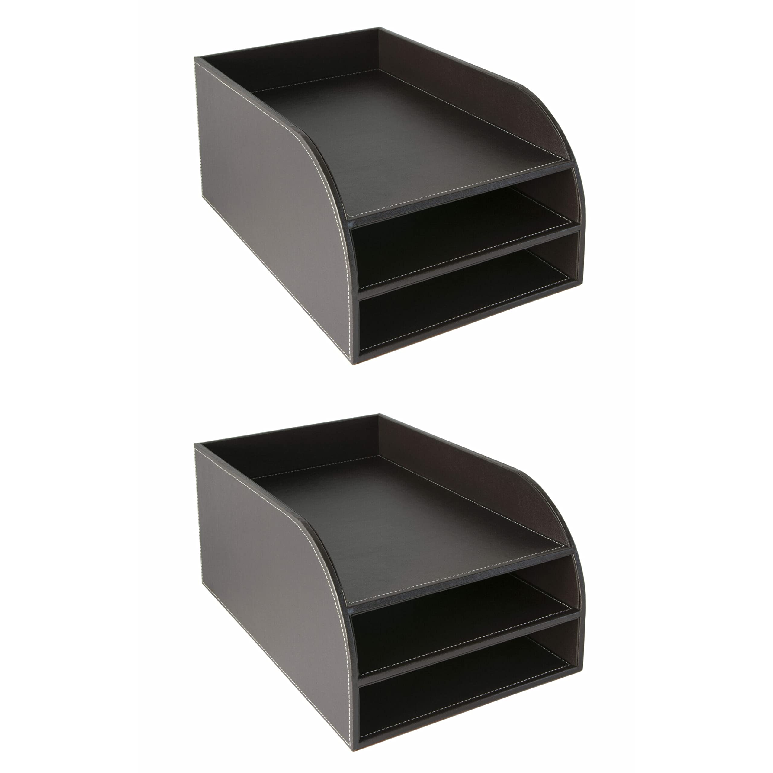 OSCO Brown Faux Leather Three Tier Letter Tray 2 Pack, A4 Desk File Organiser, Paper Storage, Office Document Sorter, Desktop Storage, Home Office, H17.5 x W25 x D37.5 cm