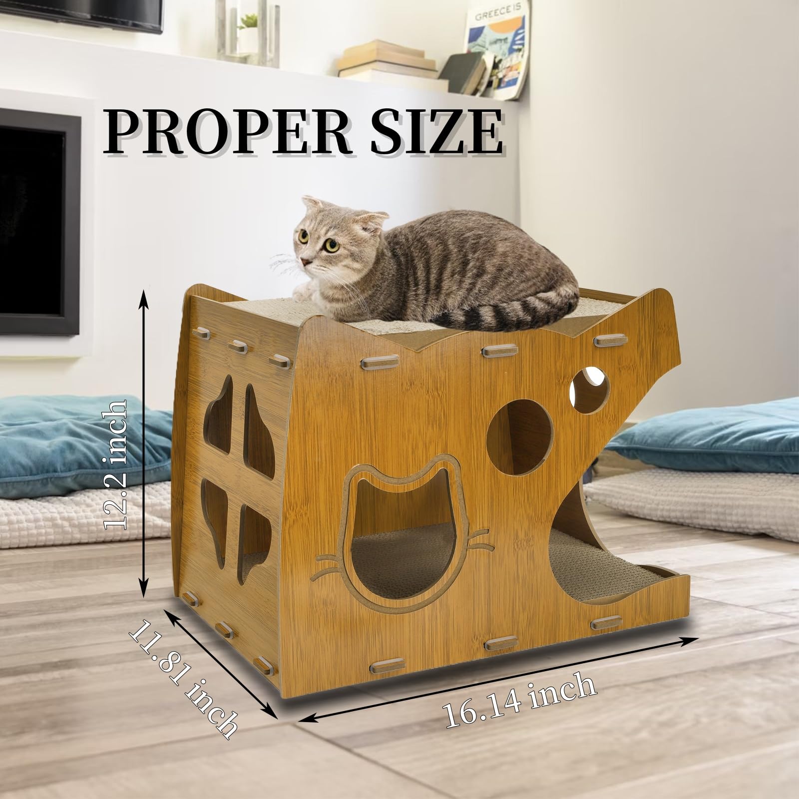 WRINGKIT 2-Level Cat Scratcher House, 2 in 1 Cat Cardboard House with Scratching Pads, Large Cat House Lounge for Indoor Cats to Rest and Hide, Maximum Load Capacity 66 Lbs