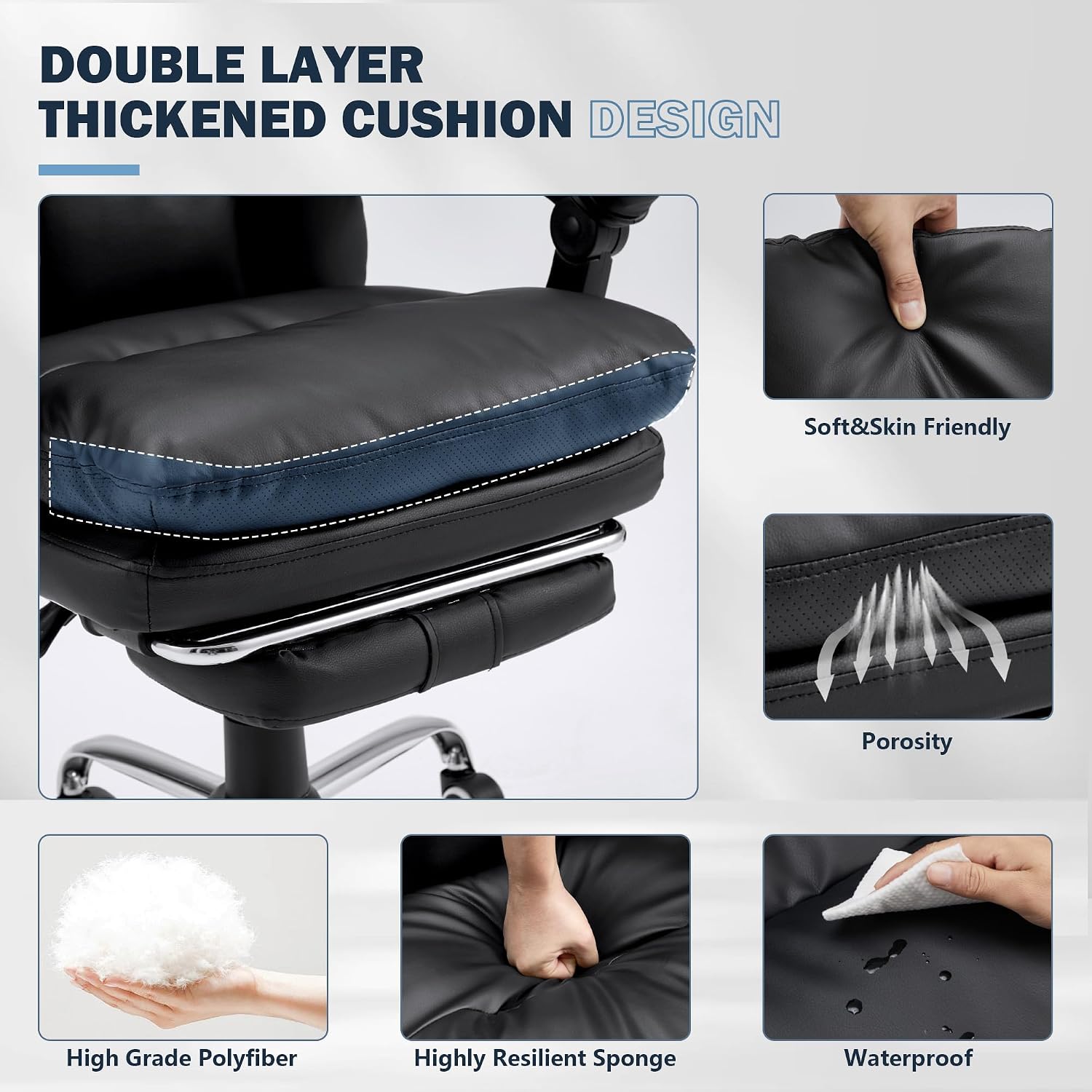 HOMREST Ergonomic Office Chair with 6-Point Massage & Heating,Adjustable Executive Desk Chairs,Retractable Footrest,Dual-Layer Soft Cushion,PU Leather Black