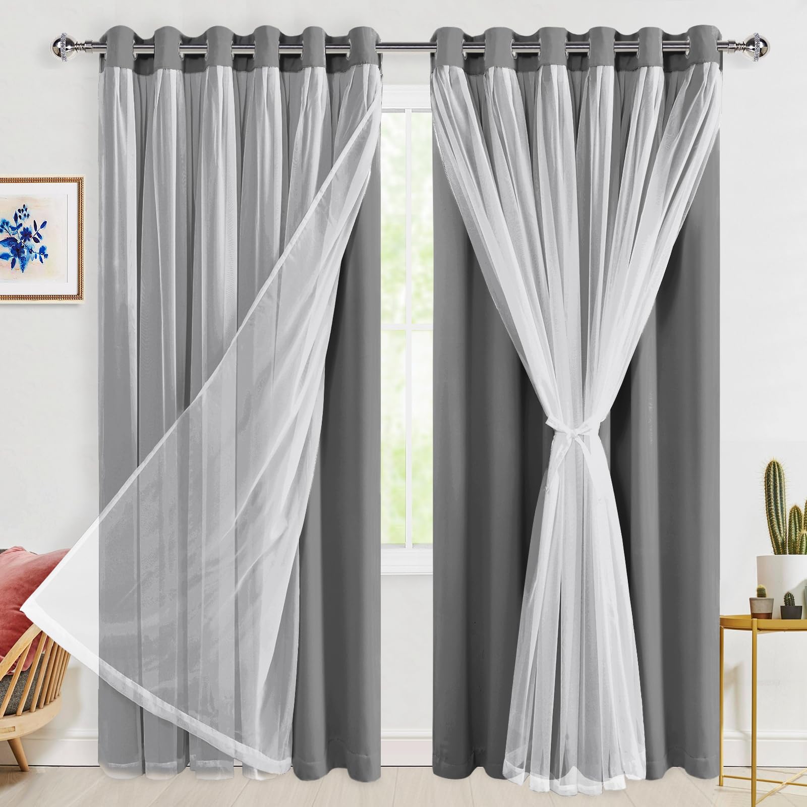 Hiasan Blackout Curtains with Sheer 84 Inches Long, Grommet Thermal Insulated Mix & Match Double Layer Window Curtains for Bedroom, Living Room, 2 Drape Panels with Tiebacks, Grey, 70W X 84L
