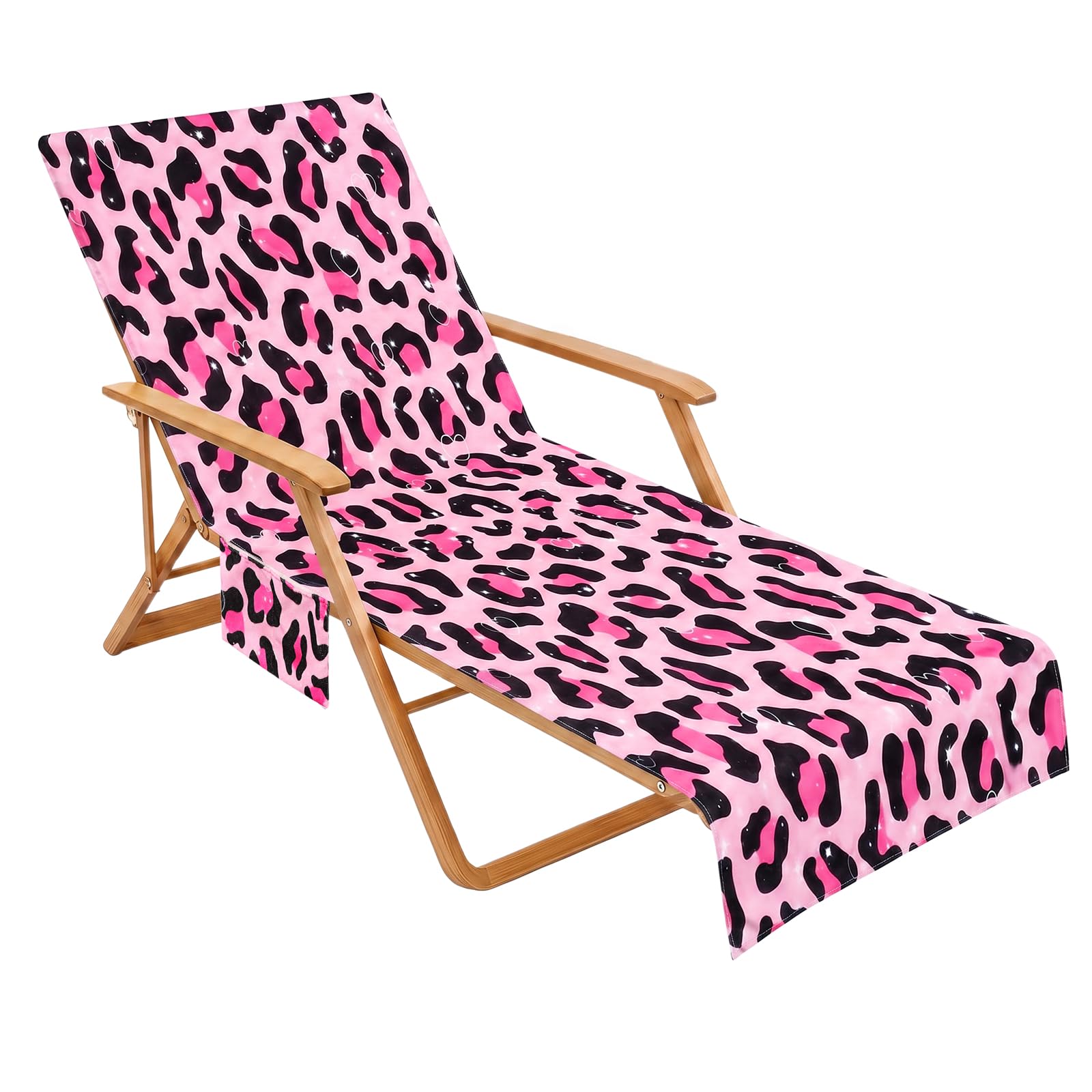 Minicoco Sun Lounger Towel with Pockets，Sand Free Beach Towel with Bag, Lightweight Sports Towel, Compact Travel Summer Beach Towel for Summer Outdoor Pool Vacation, 215×75cm, Pink Leopard Print