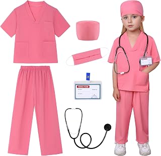 6Pcs Doctor Costume for Kids 3-9 Years Halloween Dress up Cosplay for Boy Girl Toddler Nurse Scrubs with Accessories