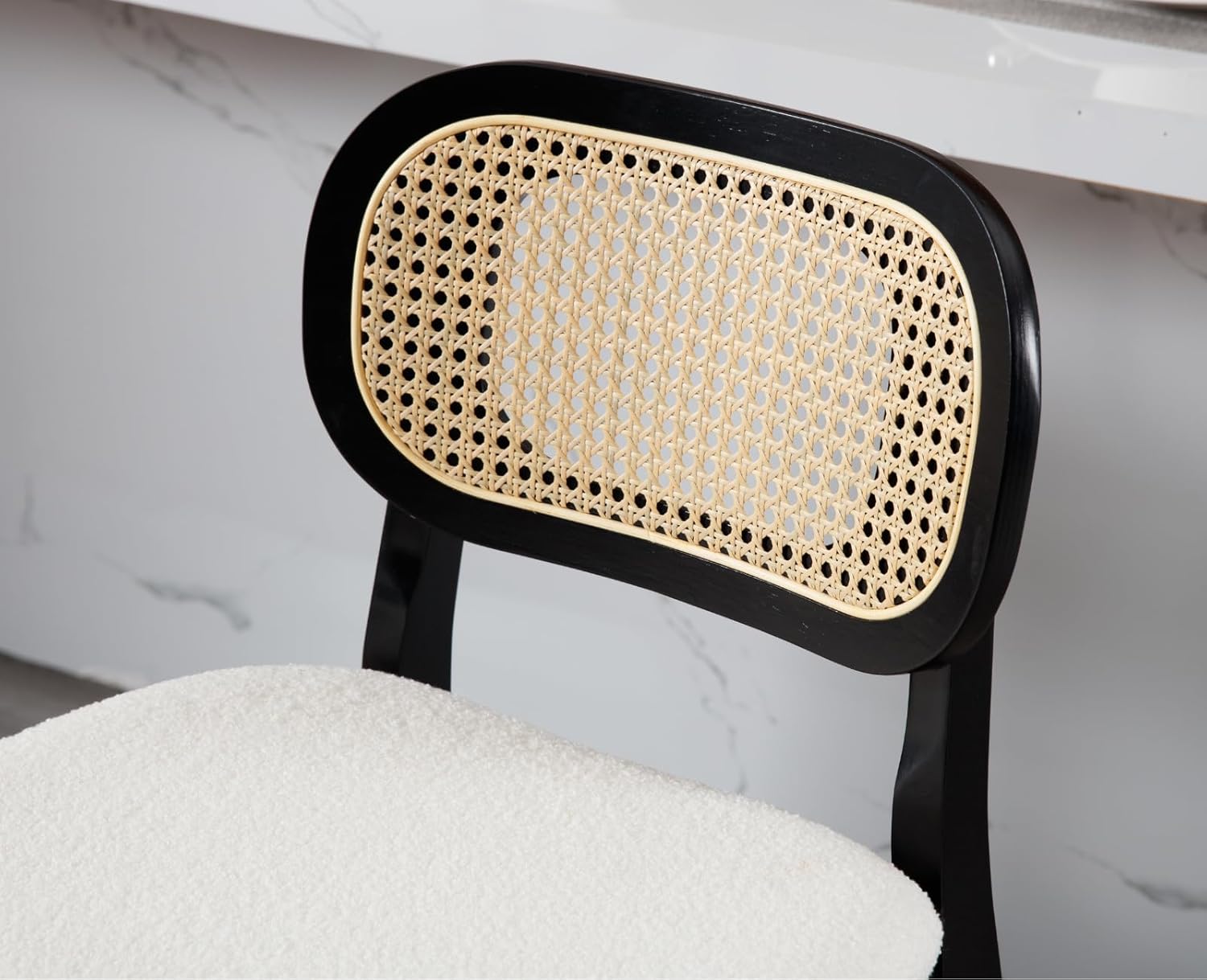 EALSON Counter Height Bar Stools Set of 2 Rattan Back Farmhouse Barstools Mid Century Modern Bar Chairs with Black Wood Legs Sherpa Upholstered Kitchen Island Stools for Pub/Breakfast Bar, Beige