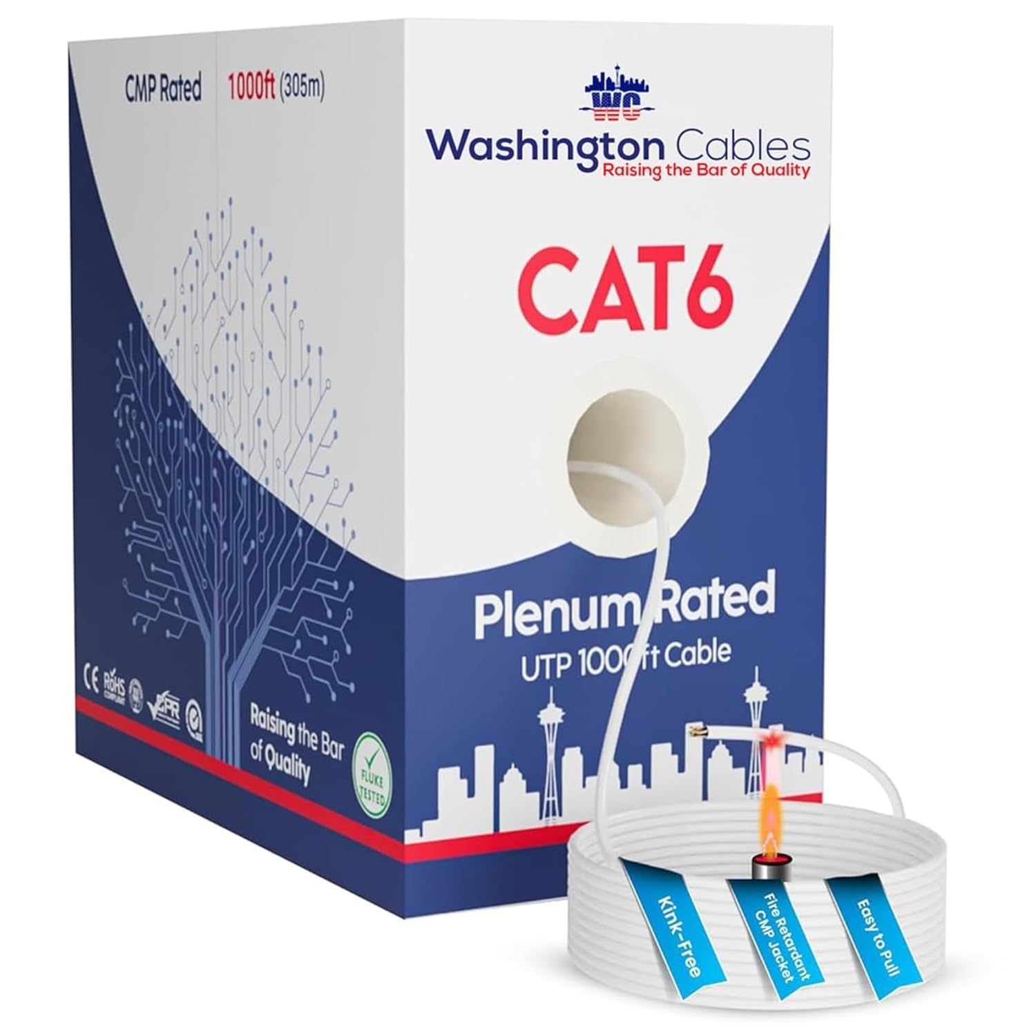 Cat6 Ethernet Cable 1000ft Plenum | UTP, 550MHz, 23AWG, 4Pair, 10GB Cat6 Plenum Cable 1000ft | Premium Cat 6 Ethernet Cables Plenum Rated (White)