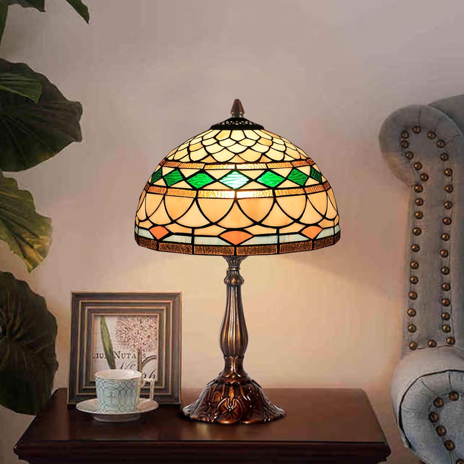 Tiffany Lamp Shade 12 Inch Wide Accessories Replacement Only Victorian Stained Glass Lampshades Vintage Cream Green Amber Light Cover for Table Lamp Pendant Light Ceiling Fixture
