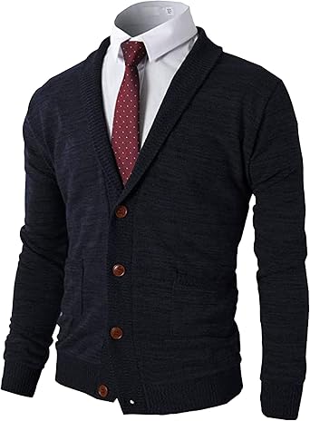 Mens Casual Open Front Long Sleeve Button up V-Neck Knitted Sweaters Causal Slim Fit Cardigans Pocket Dark Blue 1,Small
