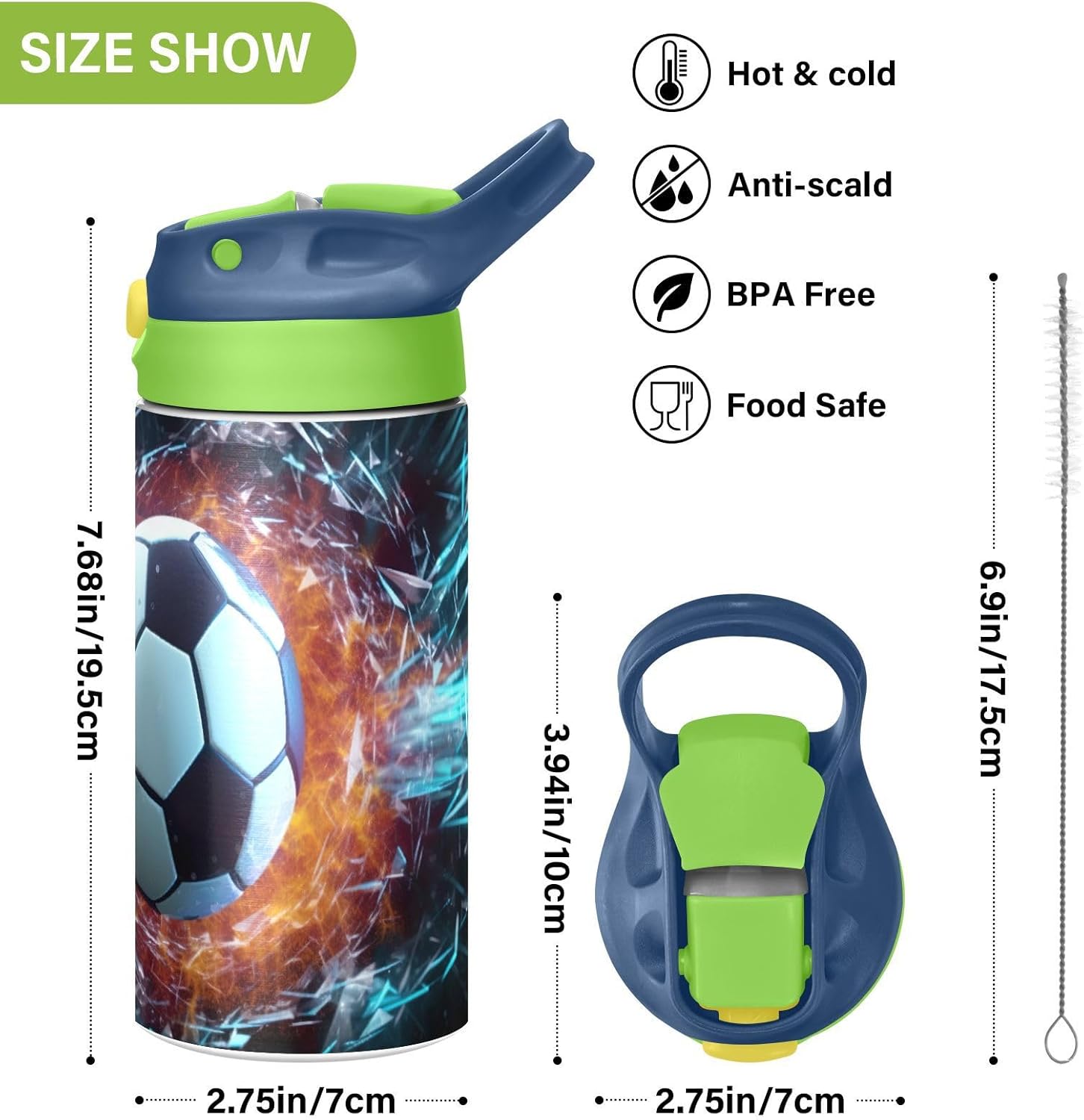Kigai Soccer Ball Kids Water Bottle,Insulated Stainless Steel Reusable Metal Thermos Bottles, Leak-Proof Straw Lid, BPA-Free, For Boys,Girls