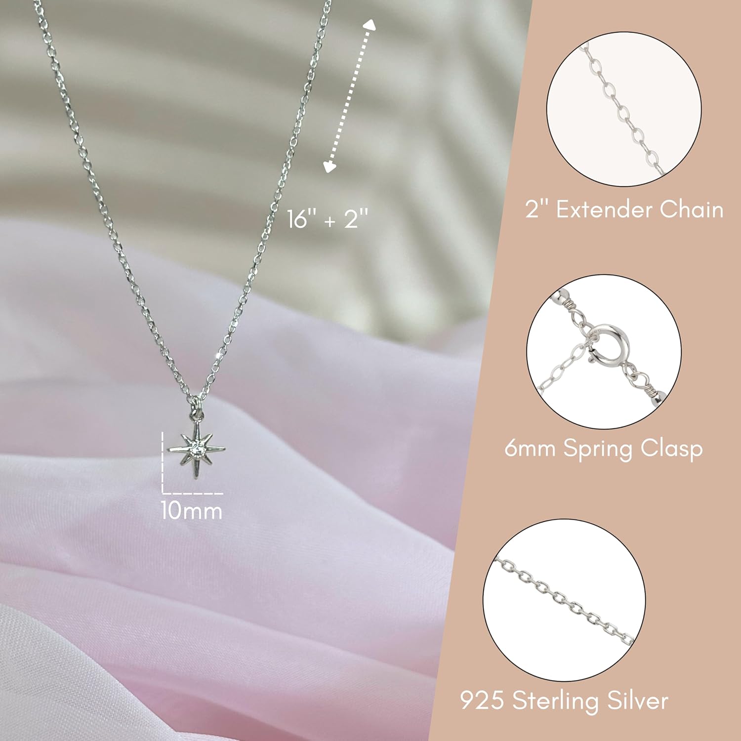 Annika Bella Sterling Silver Star Necklace for Women, Length 15-17 Inches, Tiny Cubic Zirconia North-Star Charm Pendant Necklace, Waterproof, Celestial Jewelry Gift for Her