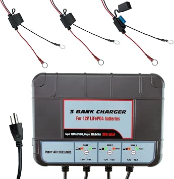 Banshee 3-Bank Marine Battery Charger for 12V LiFePO4 Lithium, 10A Total