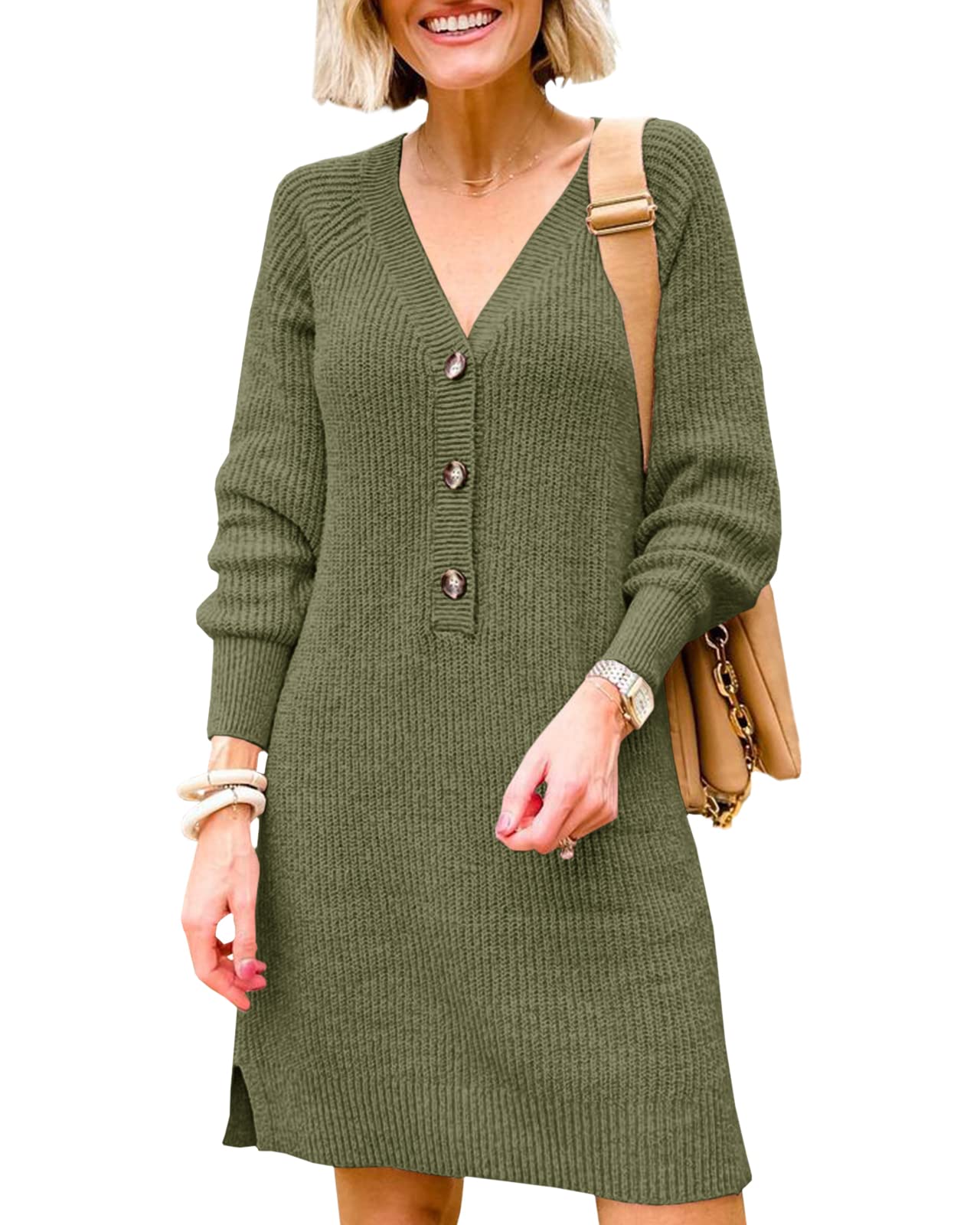 Photo 1 of Saodimallsu Womens Oversized Sweater Dress Sexy V Neck Long Sleeve Button Down Ribbed Knitted Winter Sweater Dresses Medium WINE RED COLOR OF DRESS