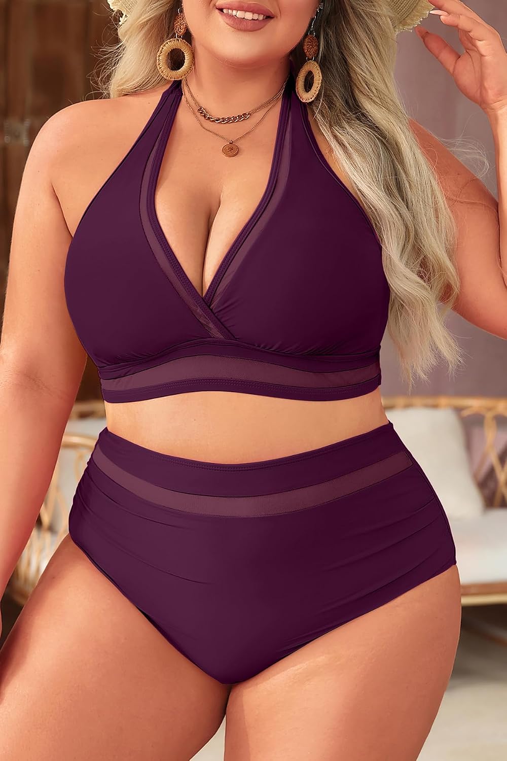Tempt Me Women Plus Size Bikini High Waisted Swimsuits Mesh Tummy Control Two Piece Bathing Suit