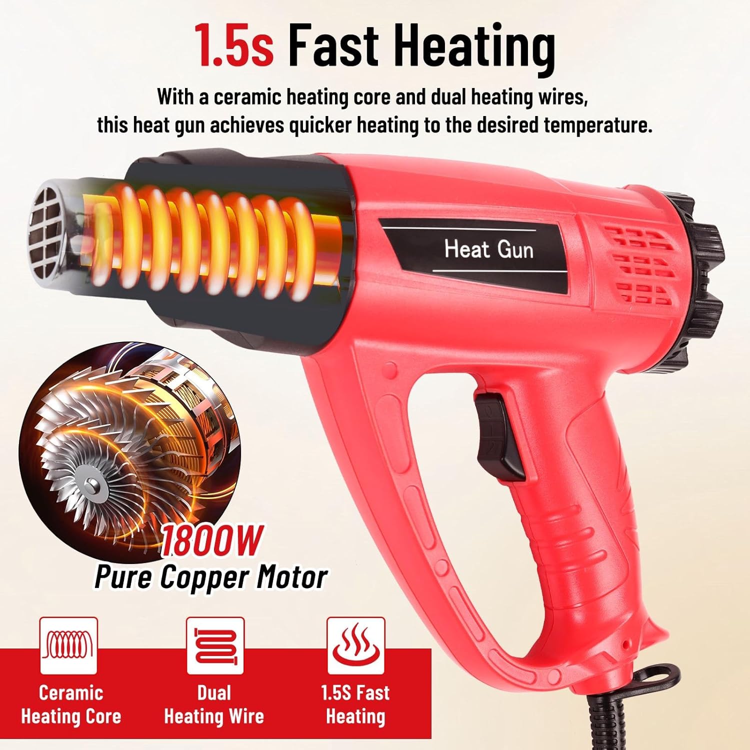1800W Heat Gun 140℉~1112℉ (60℃-600℃) Fast Heating Heavy Duty Hot Air Gun Kit with Variable & Dual Temperature Settings, Overheat Protection, 5 Nozzles for Crafts (1800W Red Corded Heat Gun)