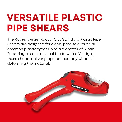 Miniatura 3 de Rothenberger Rocut TC 32 Tijeras de plástico estándar con hoja de acero inoxidable, bloqueo de transporte, ideal para tubos de plástico, rango de